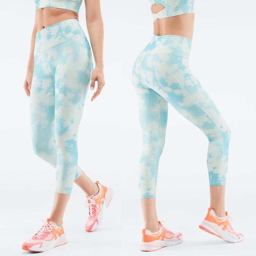 Fabletics Define PowerHold Sky Blue Tie Dye High Waist Capri Workout Leggings